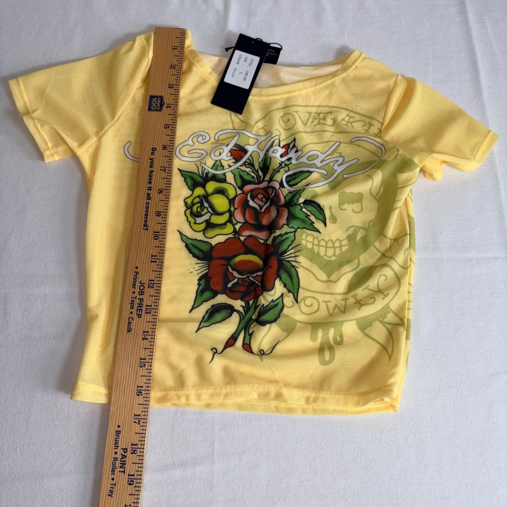 Ed Hardy Skirt Set Yellow New Tattoo Mesh Rhinestone Y2K 2 Piece Top Mini Skirt - Picture 7 of 11